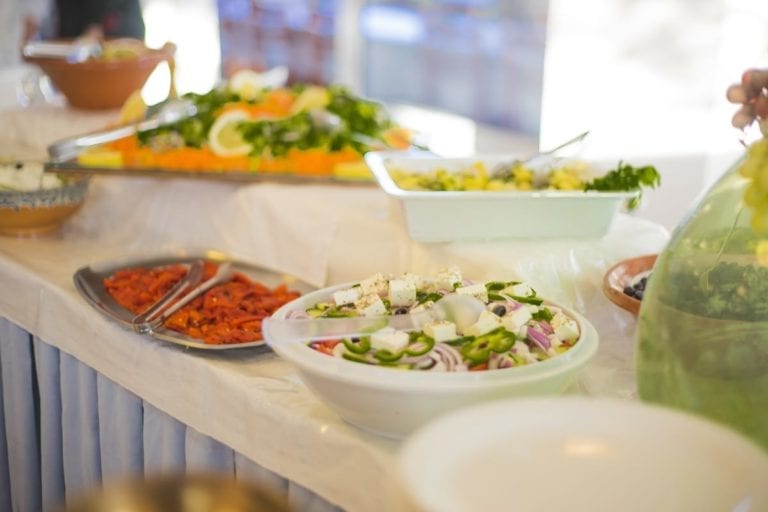 Salads at the buffet table in the Zefiros Beach Hotel in Samos