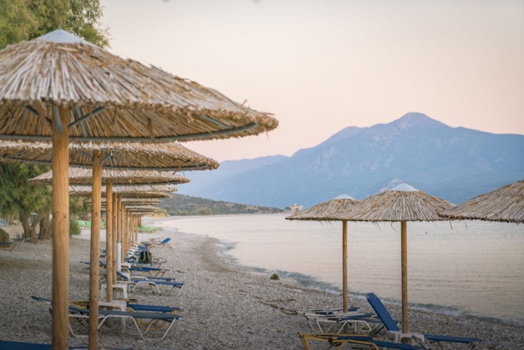 A summer sunset over the beach at the Zefiros Beach Hotel in Samos, Greece