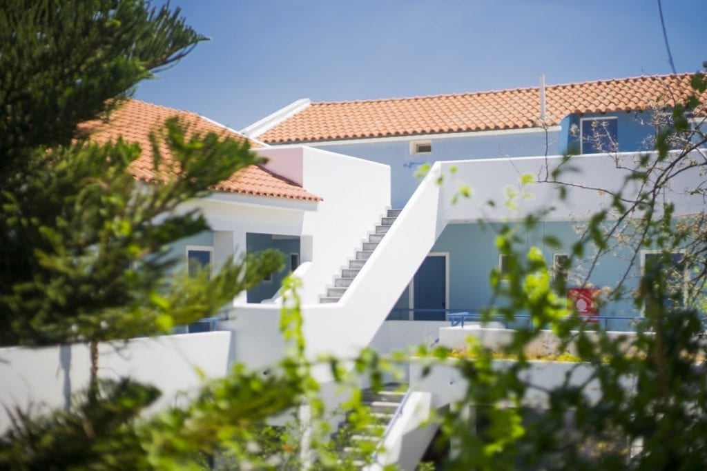 Summer time trees and plants surrounding the Zefiros Beach Hotel in Samos, Greece