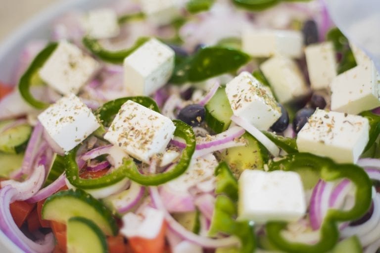 A lunch of Greek salad with feta in Samos, Greece