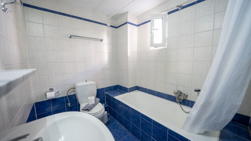 Reception Level bathroom with toilet, sink and shower-over-bath and blue tiling.