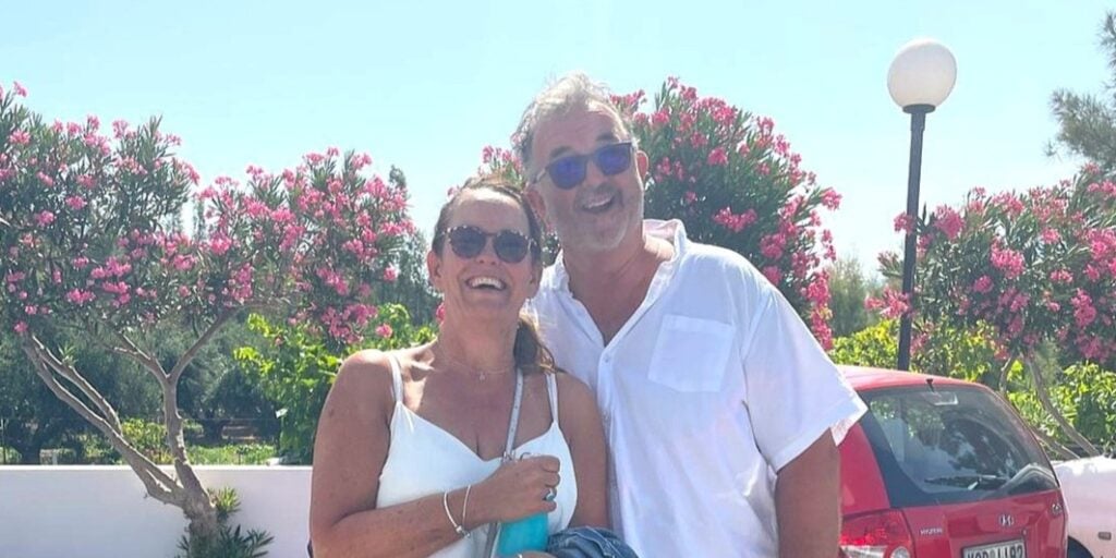 Helen and Rog standing outside the Zefiros Beach Hotel